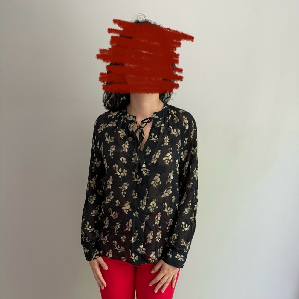 Vince Black Tie Front Blouse with Mandarin Collar